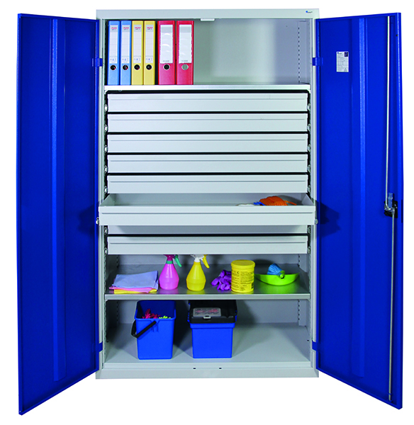 Werkzeugschrank, Höhe 180 cm, 2 Fachböden, 8 Großraumschubladen, lichtgrau / enzianblau