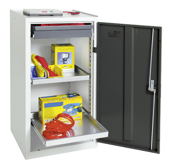 Werkzeugschrank, Höhe 100 cm, 2 ausziehbare Wannenböden, 1 Schublade, lichtgrau / enzianblau