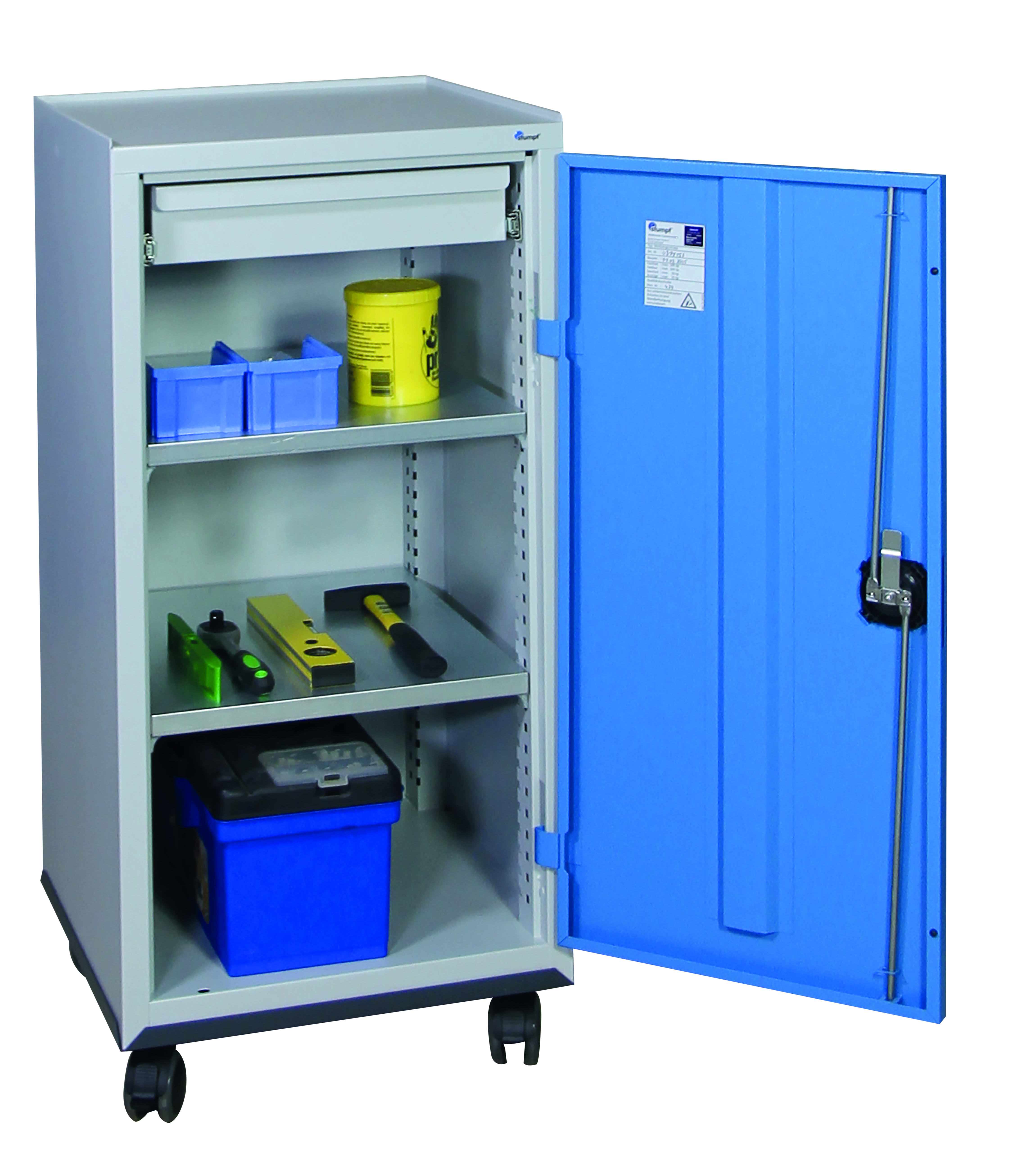 Werkzeugschrank fahrbar, Höhe 110 cm, lichtgrau / lichtblau