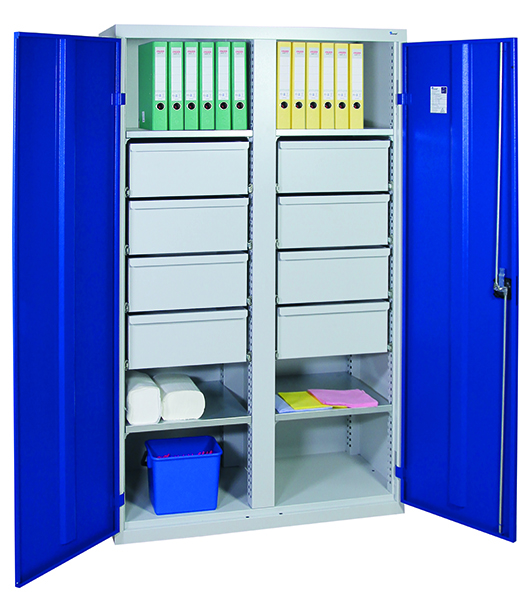 Werkzeugschrank, Höhe 180 cm, mit 2 Abteilen,  4 Fachböden, 8 hohe Schubladen, lichtgrau / enzianblau