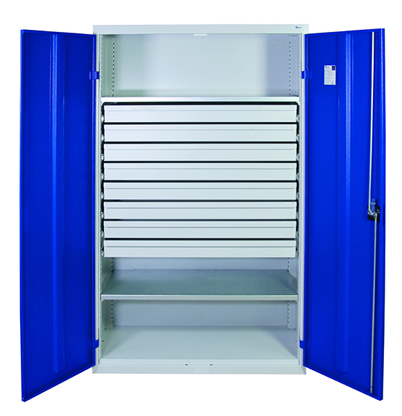 Werkzeugschrank, Höhe 180 cm, 2 Fachböden, 8 Großraumschubladen, lichtgrau / enzianblau