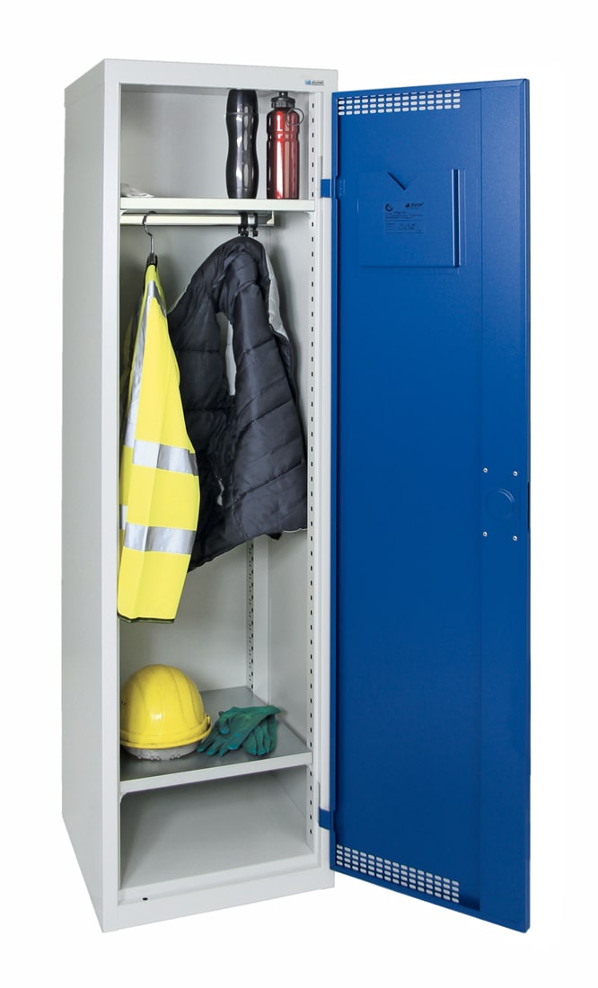 Garderobenschrank, mit 420 mm breitem Abteil, lichtgrau / enzianblau