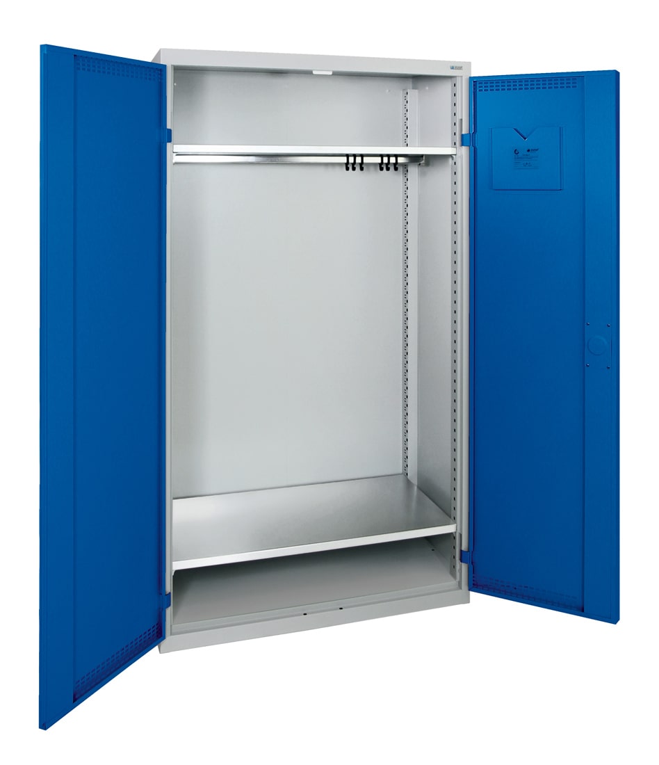 Garderobenschrank, ein großes Abteil, lichtgrau / enzianblau
