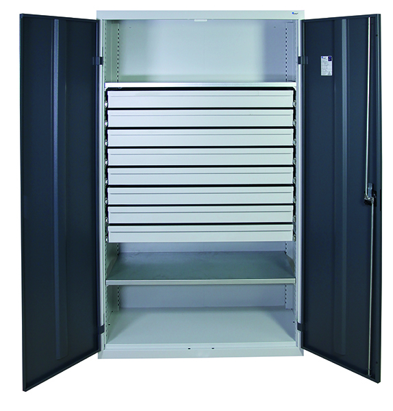 Werkzeugschrank, Höhe 180 cm, 2 Fachböden, 8 Großraumschubladen, lichtgrau / anthrazitgrau
