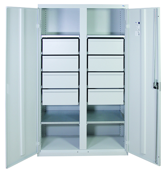 Werkzeugschrank, Höhe 180 cm, mit 2 Abteilen,  4 Fachböden, 8 hohe Schubladen, lichtgrau