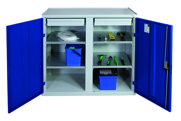 Werkzeugschrank Serie 2000, mit Mitteltrennwand, lichtgrau/blau