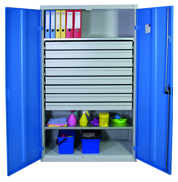 Werkzeugschrank, Höhe 180 cm, 2 Fachböden, 8 Großraumschubladen, lichtgrau / lichtblau