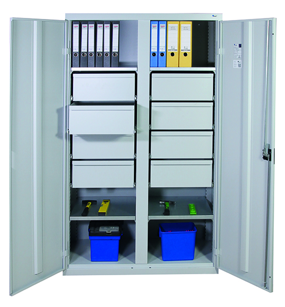 Werkzeugschrank, Höhe 180 cm, mit 2 Abteilen,  4 Fachböden, 8 hohe Schubladen, lichtgrau