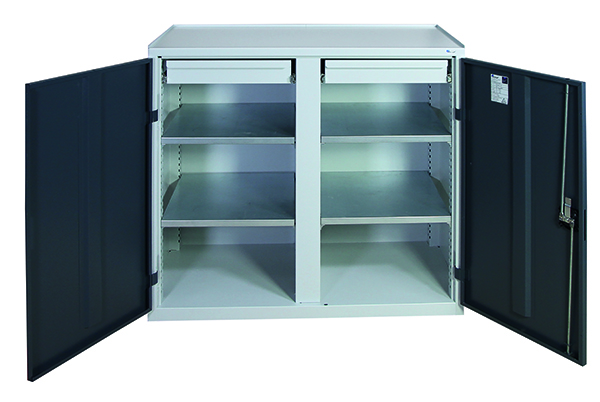 Werkzeugschrank mit 2 Abteilen, Höhe 100 cm, 2 Schubladen, 4 Fachböden, lichtgrau / anthrazitgrau