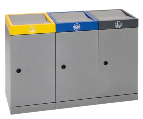 Abfalltrennungssystem 3 x 70 Liter – Wertstoffsammler aus Stahl, pulverbeschichtet in Blau, Gelb & Anthrazit