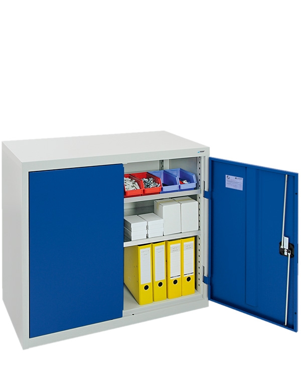Flügeltürenschrank, lichtgrau-enzianblau