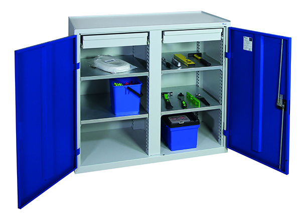 Werkzeugschrank Serie 2000, mit Mitteltrennwand, lichtgrau/blau