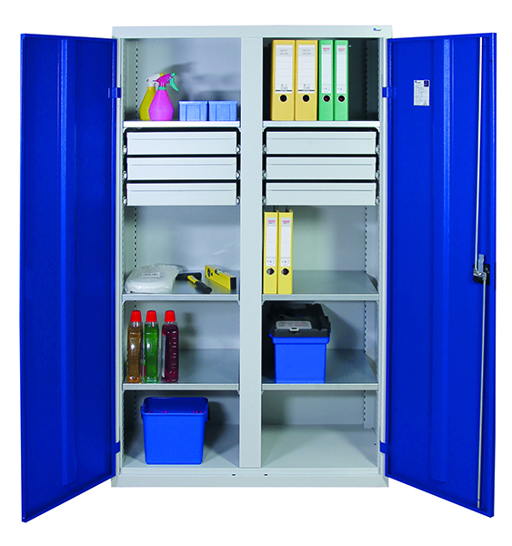 Werkzeugschrank mit 2 Abteilen, Höhe 180 cm, 6 Fachböden, 6 Schubladen, lichtgrau / enzianblau