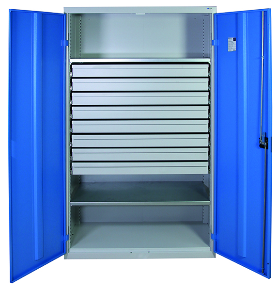 Werkzeugschrank, Höhe 180 cm, 2 Fachböden, 8 Großraumschubladen, lichtgrau / lichtblau