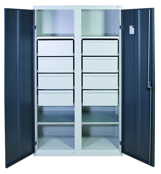 Werkzeugschrank, Höhe 180 cm, mit 2 Abteilen,  4 Fachböden, 8 hohe Schubladen, lichtgrau/anthrazit