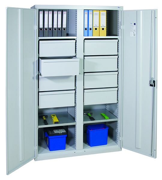 Werkzeugschrank, Höhe 180 cm, mit 2 Abteilen,  4 Fachböden, 8 hohe Schubladen, lichtgrau