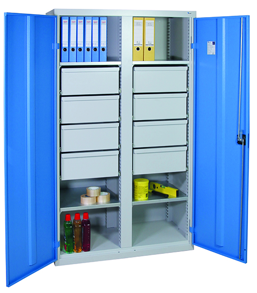 Werkzeugschrank, Höhe 180 cm, mit 2 Abteilen,  4 Fachböden, 8 hohe Schubladen, lichtgrau / lichtblau