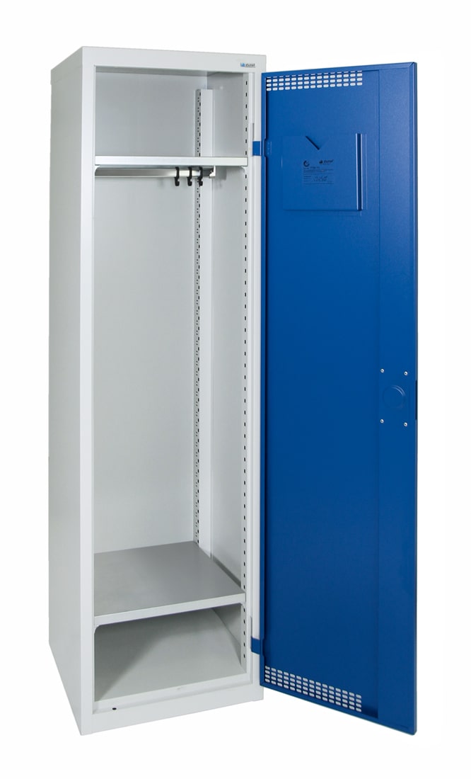 Garderobenschrank, mit 420 mm breitem Abteil, lichtgrau / enzianblau
