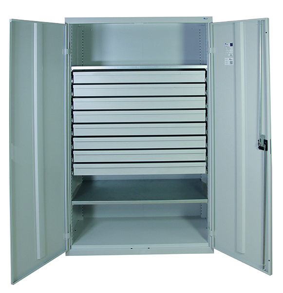 Werkzeugschrank, Höhe 180 cm, 2 Fachböden, 8 Großraumschubladen, lichtgrau