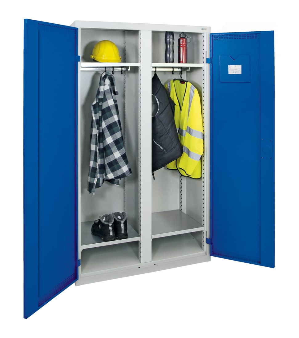 Garderobenschrank, zwei Abteile, lichtgrau / enzianblau