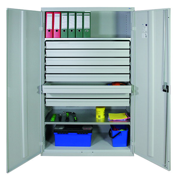 Werkzeugschrank, Höhe 180 cm, 2 Fachböden, 8 Großraumschubladen, lichtgrau