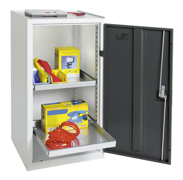Werkzeugschrank, Höhe 100 cm, 2 ausziehbare Wannenböden, lichtgrau / anthrazitgrau