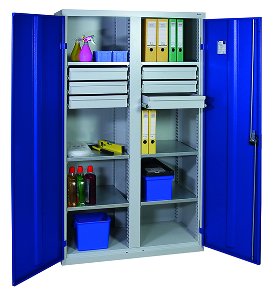Werkzeugschrank mit 2 Abteilen, Höhe 180 cm, 6 Fachböden, 6 Schubladen, lichtgrau / enzianblau