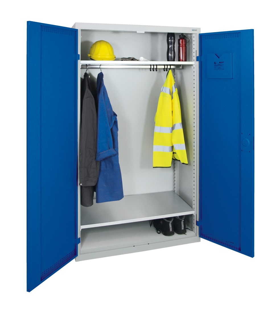 Garderobenschrank, ein großes Abteil, lichtgrau / enzianblau