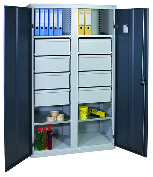 Werkzeugschrank, Höhe 180 cm, mit 2 Abteilen,  4 Fachböden, 8 hohe Schubladen, lichtgrau/anthrazit