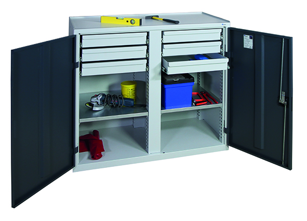 Werkzeugschrank mit 2 Abteilen, Höhe 100 cm, 6 Schubladen, 2 Fachböden, lichtgrau / anthrazitgrau
