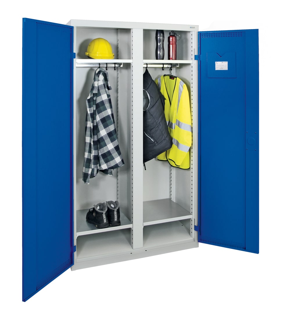 Garderobenschrank, zwei Abteile, lichtgrau / enzianblau