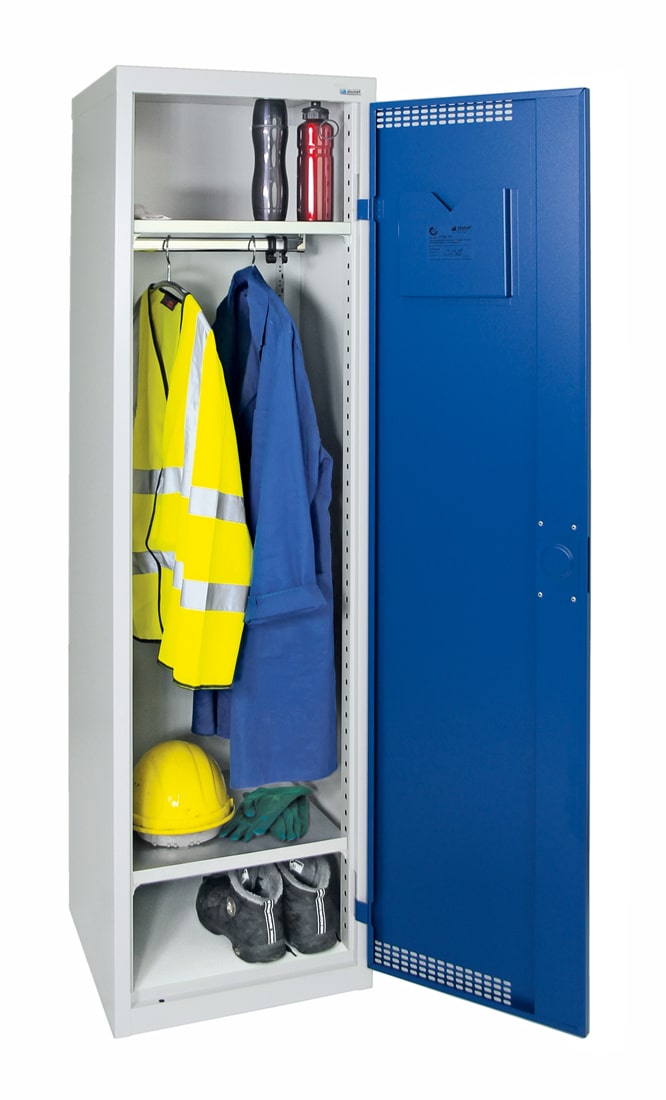 Garderobenschrank, mit 420 mm breitem Abteil, lichtgrau / enzianblau
