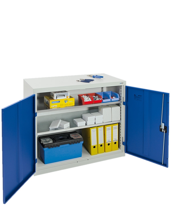 Flügeltürenschrank, lichtgrau-enzianblau