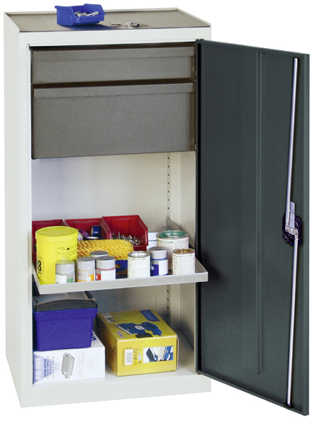 Werkzeugschrank, Höhe 100 cm, 2 ausziehbare Wannenböden, 1 Schublade, 1 hohe Schublade, lichtgrau /
