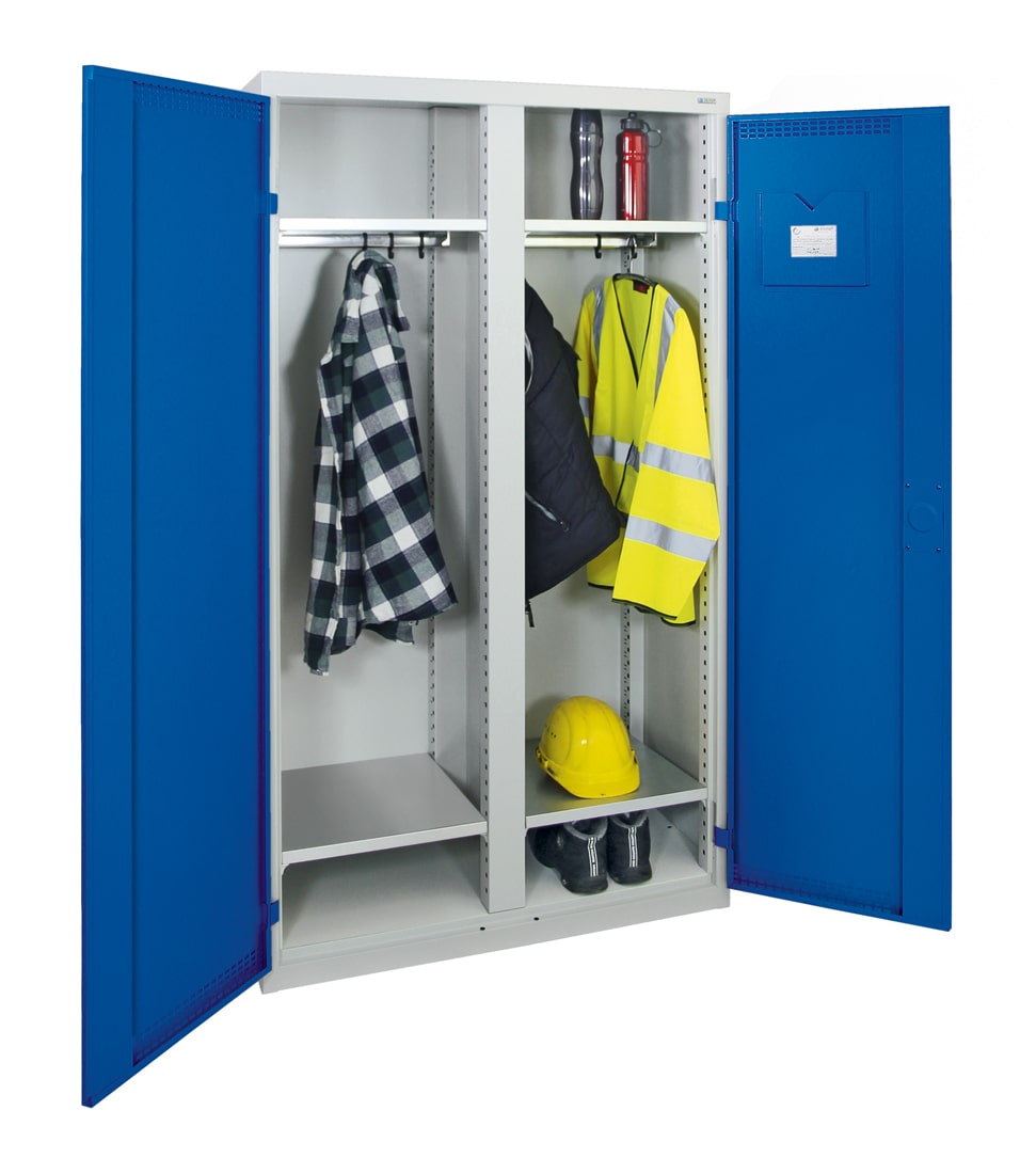 Garderobenschrank, zwei Abteile, lichtgrau / enzianblau