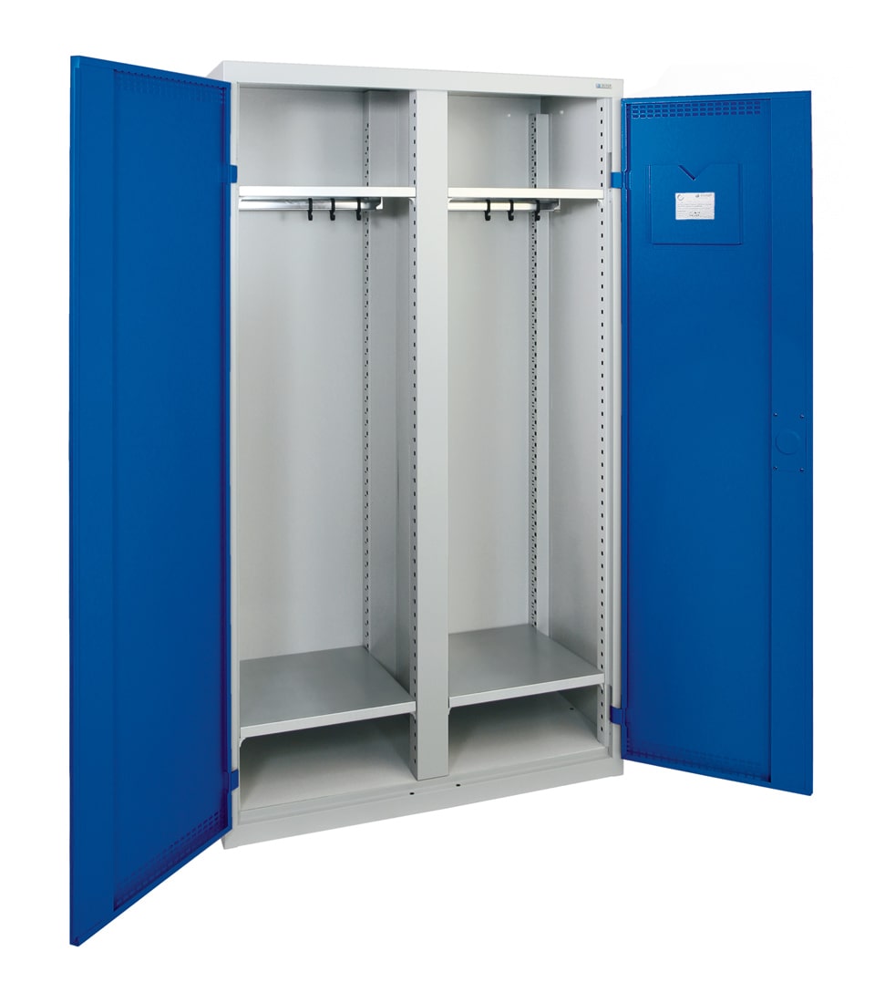 Garderobenschrank, zwei Abteile, lichtgrau / enzianblau