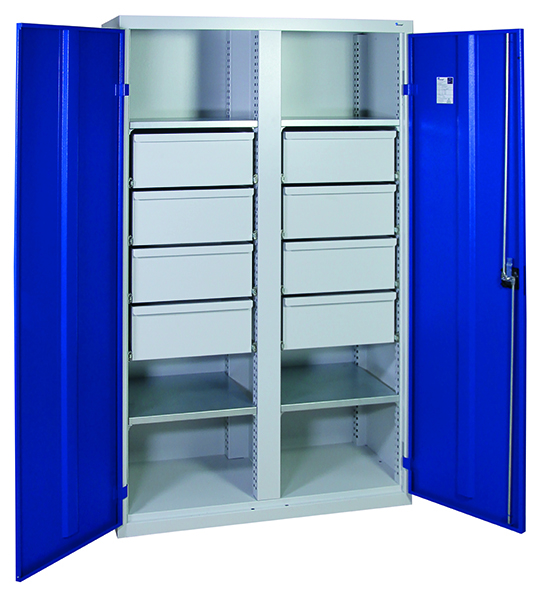 Werkzeugschrank, Höhe 180 cm, mit 2 Abteilen,  4 Fachböden, 8 hohe Schubladen, lichtgrau / enzianblau